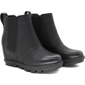 Athlefit Women's Black Faux Leather Wedge Boots Comfortable Ankle Wedge Booties